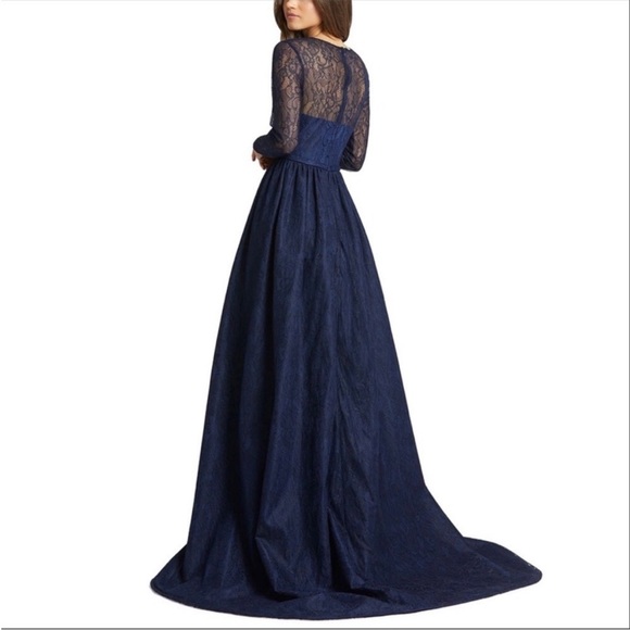Mac Duggal 12356 Long Sleeve Lace Over Skirt Gown Navy 8 NWT - Picture 2 of 7